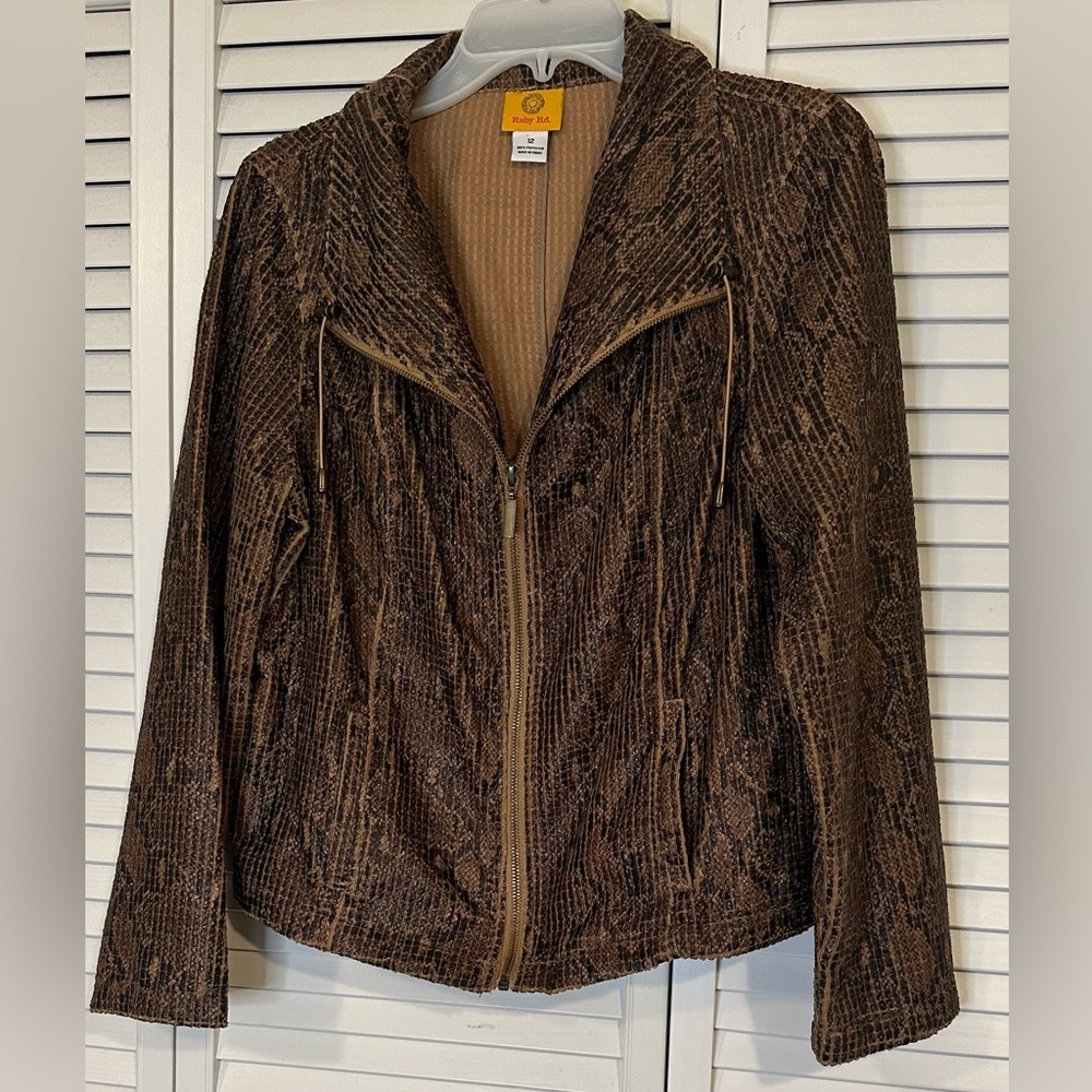 Ruby Rd Womens 12 Brown Snakeskin Print Long Sleeve Zippered Jacket